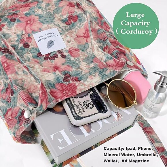 Women Pink Floral Imported Corduroy Small Canvas Shoulder Handy Tote Bag - Picture 2 of 4